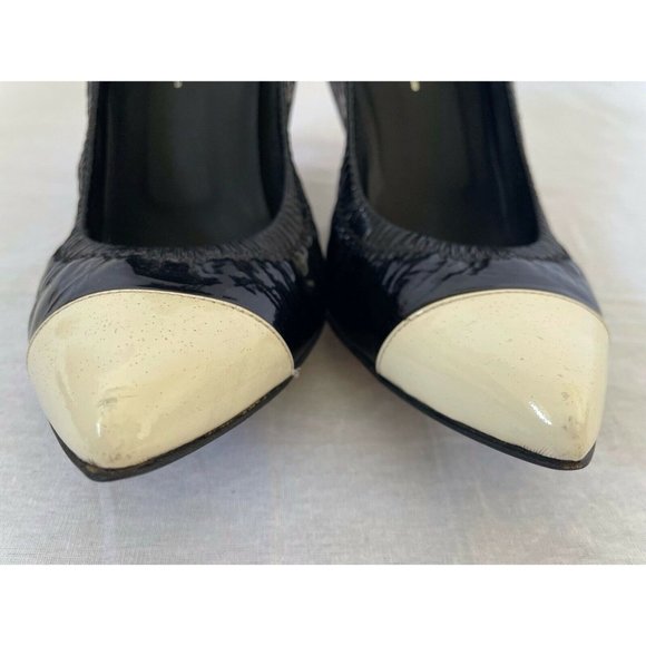 Authentic Chanel Womens Shoes Elastic Pumps Heels Cap Toe Leather Black Beige 39 - Picture 9 of 13